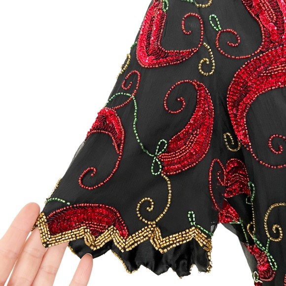 Scala Vtg Short Sleeve Chili Peppers Silk Sequined Beaded Blouse Evening Top, M - Picture 3 of 11